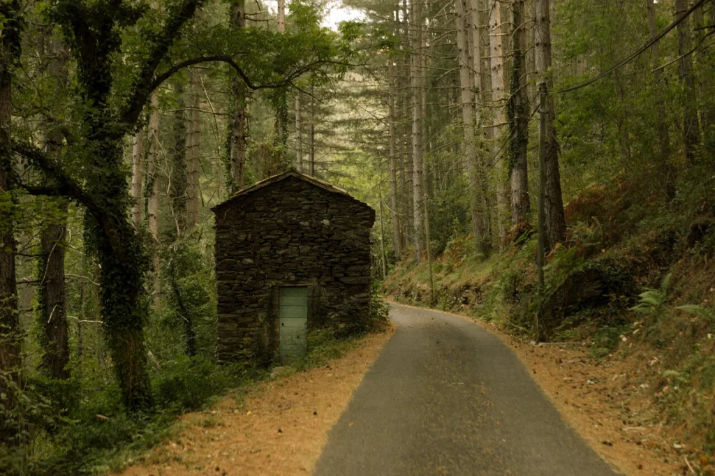 A road and a small stone cottage in the Cévennes