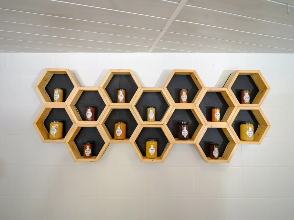 An exhibition of the various types of honey produced at the Sallassous honey farm.